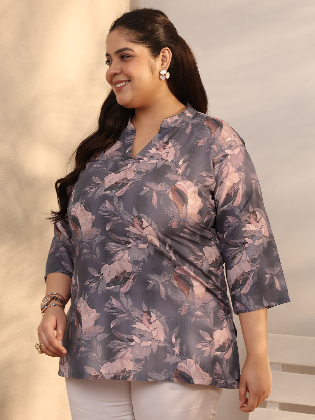  Plus Size Mauve Printed Cotton Blend Straight Short Kurti 
