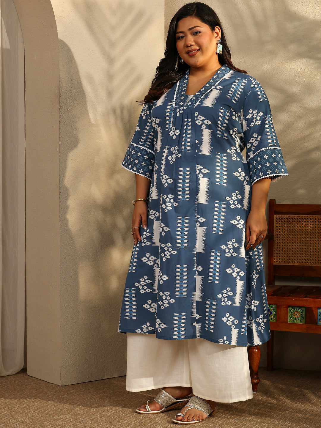  Plus Size Block Printed Cotton A-Line Kurta 