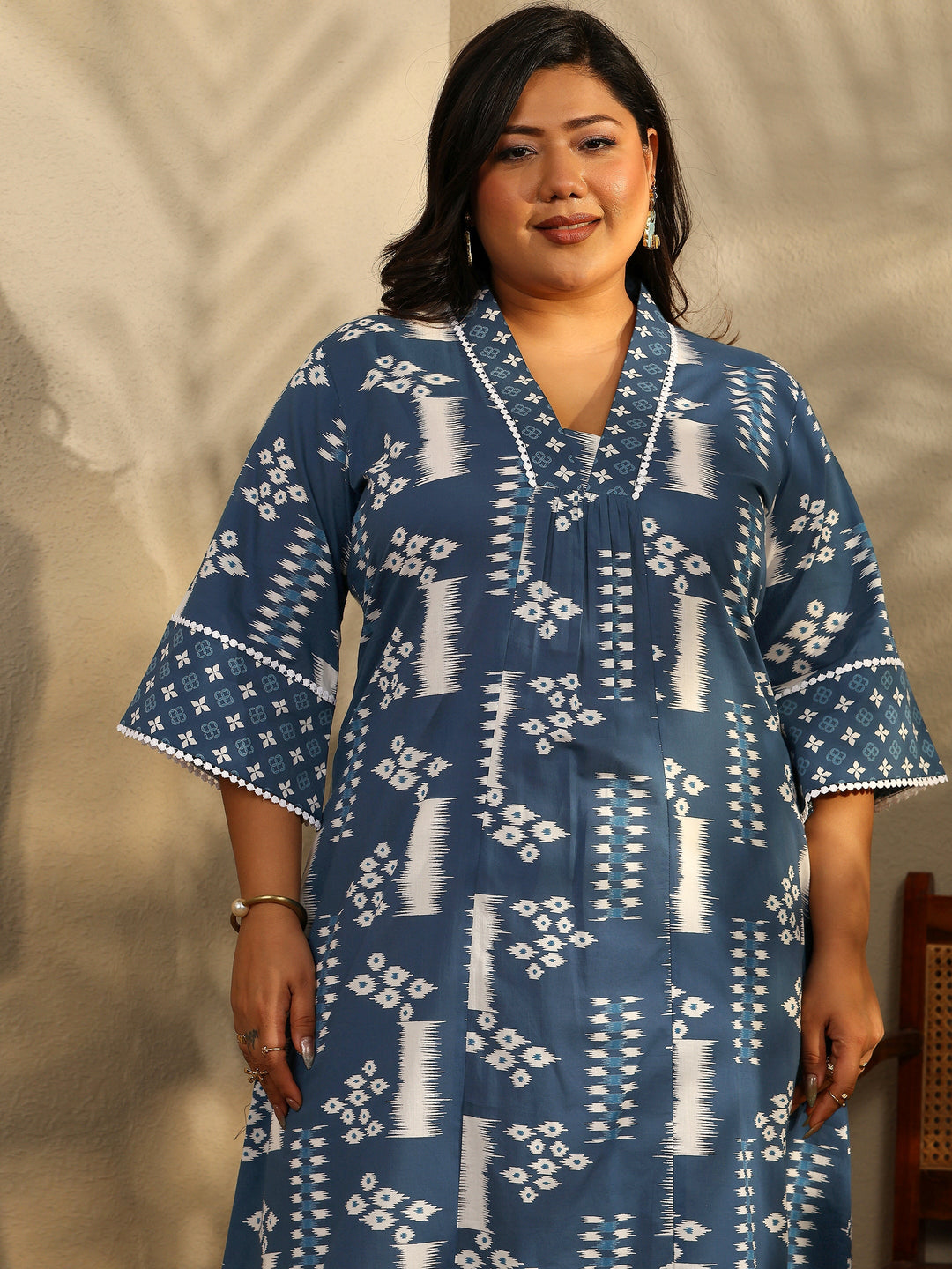  Plus Size Block Printed Cotton A-Line Kurta 