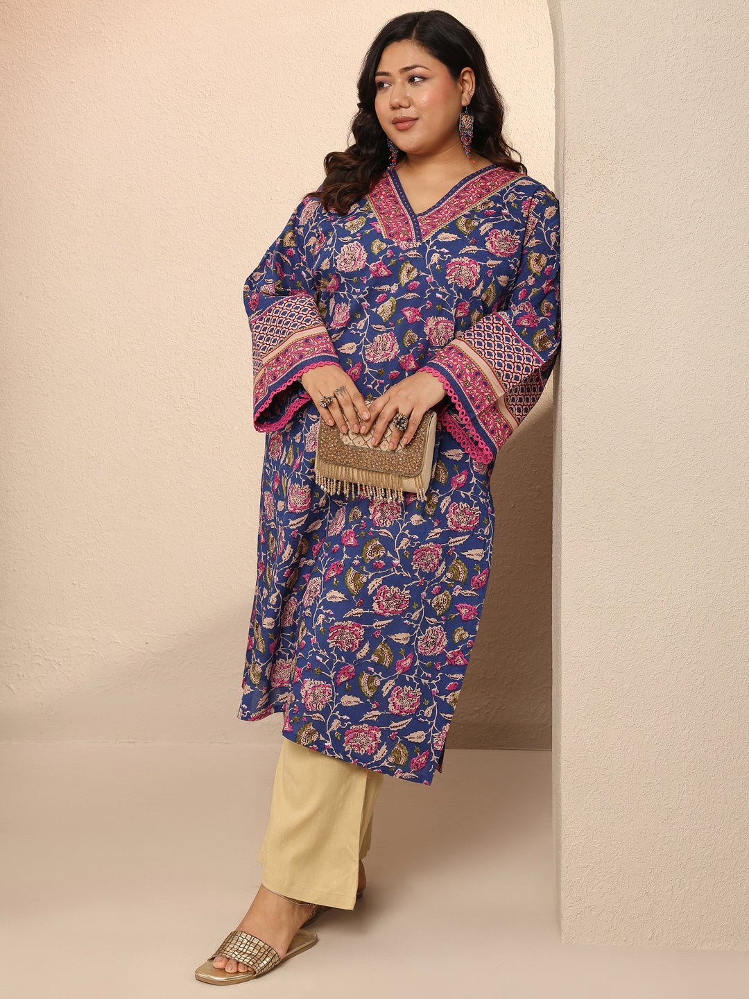  Plus Size Blue Printed Cotton Straight Kurta 
