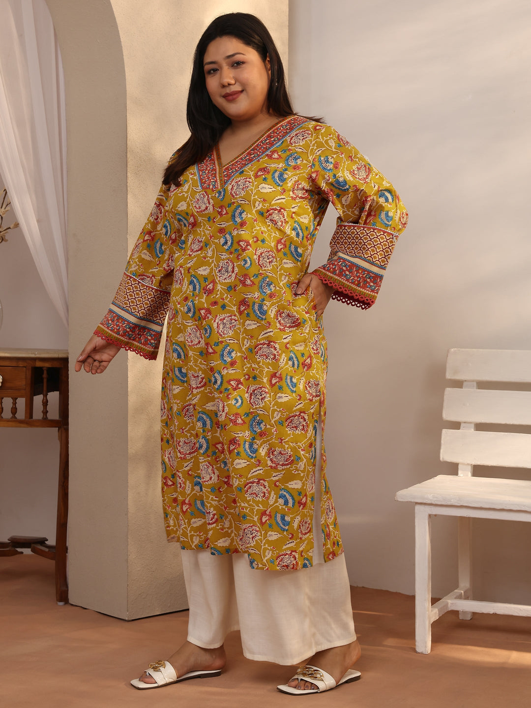  Plus Size Mustard Printed Cotton Straight Kurta 
