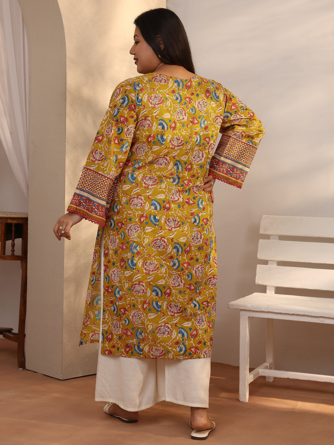  Plus Size Mustard Printed Cotton Straight Kurta 