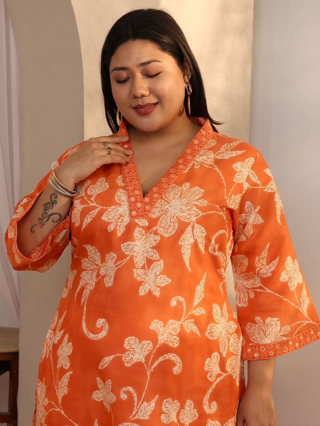  Plus Size Orange Printed Silk Blend Straight Kurta 
