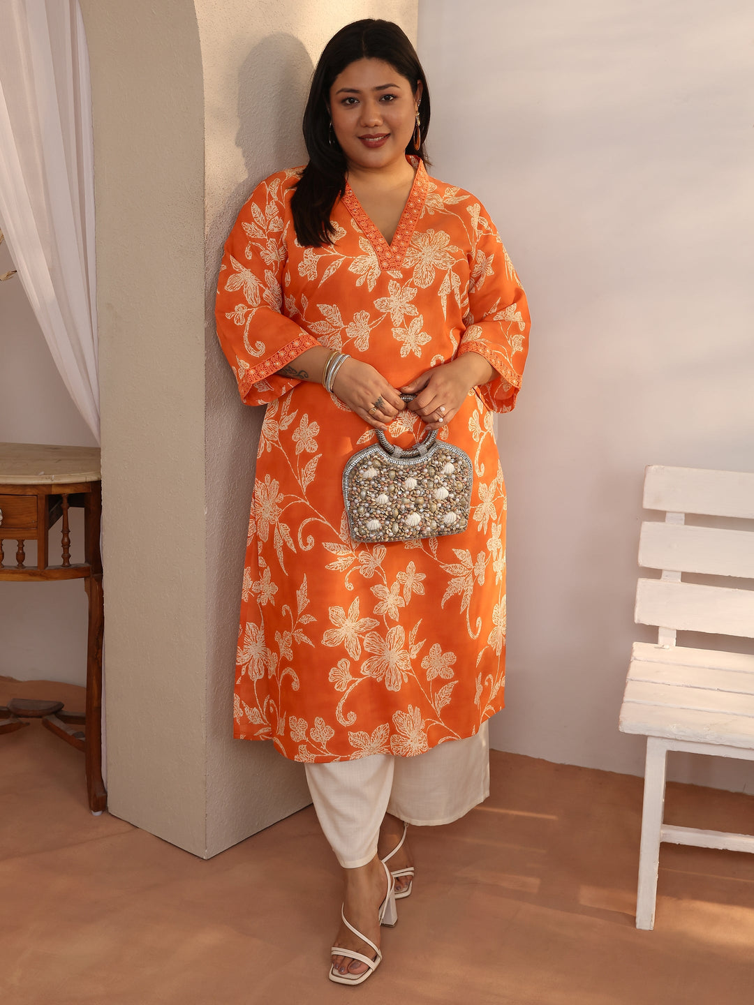  Plus Size Orange Printed Silk Blend Straight Kurta 