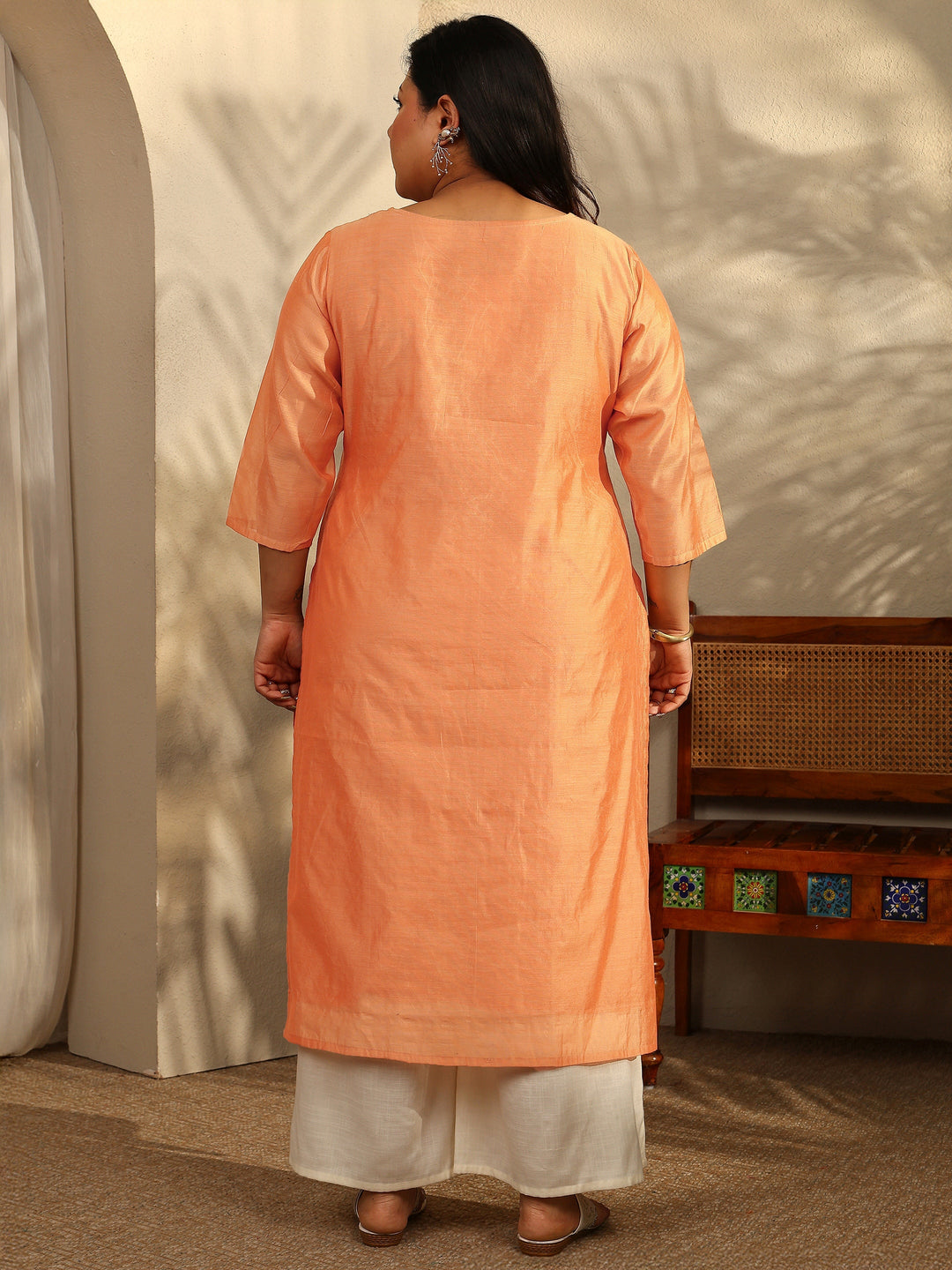  Plus Size Peach Embroidered Chanderi Silk Straight Kurta 