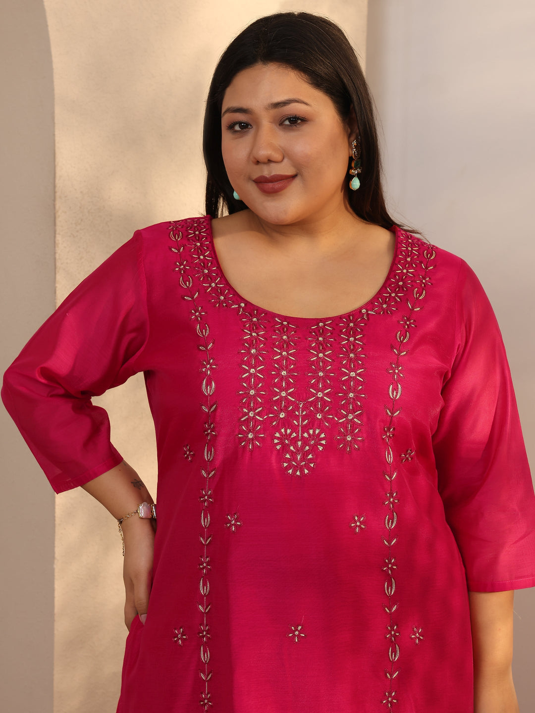  Plus Size Pink Embroidered Chanderi Silk Straight Kurta 