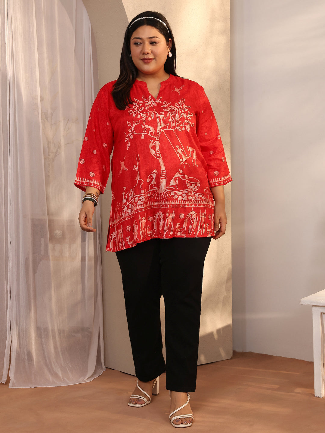  Plus Size Orange Printed Muslin Straight Short Kurti 