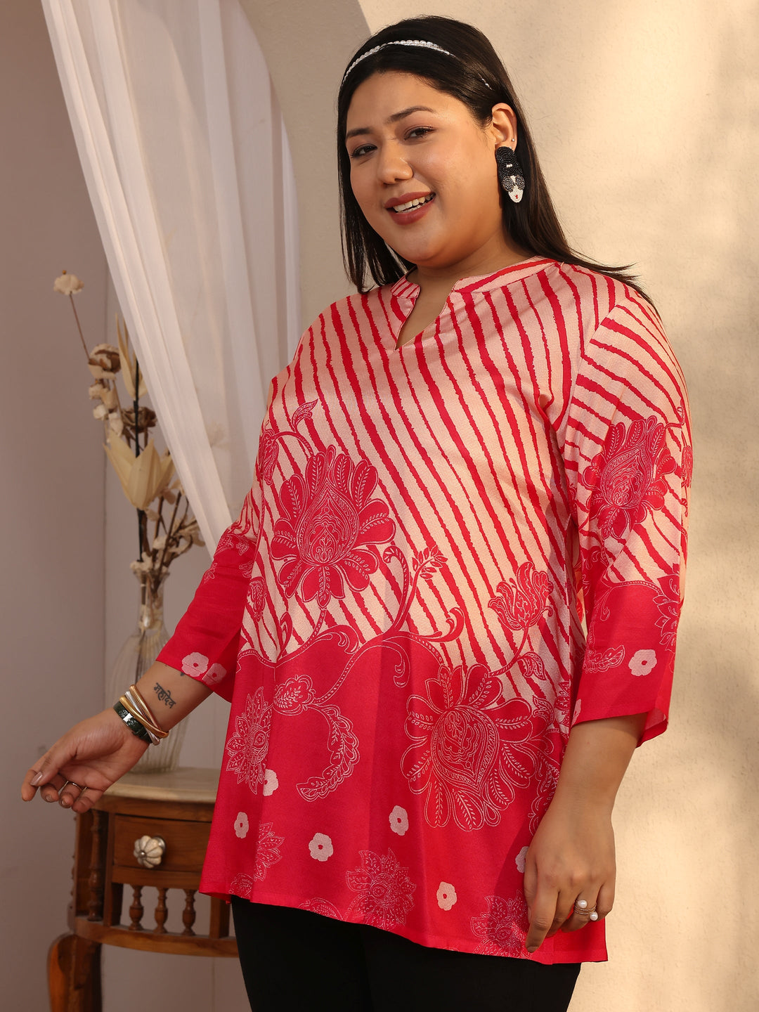  Plus Size Coral Printed Muslin Straight Short Kurti 