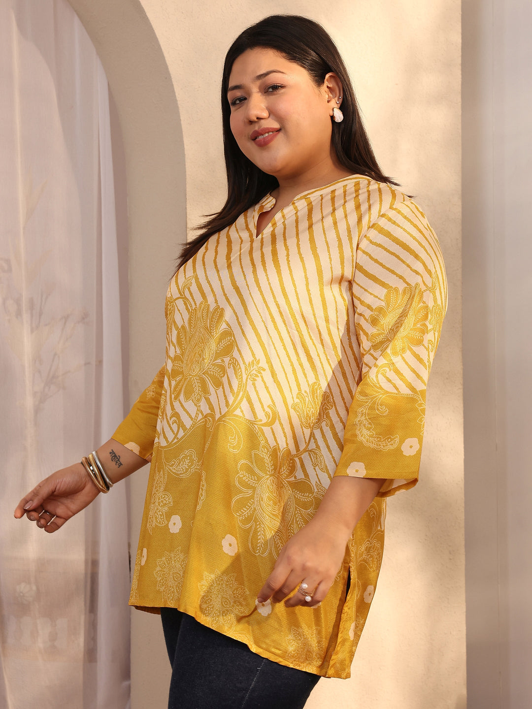  Plus Size Mustard Printed Muslin Straight Short Kurti 
