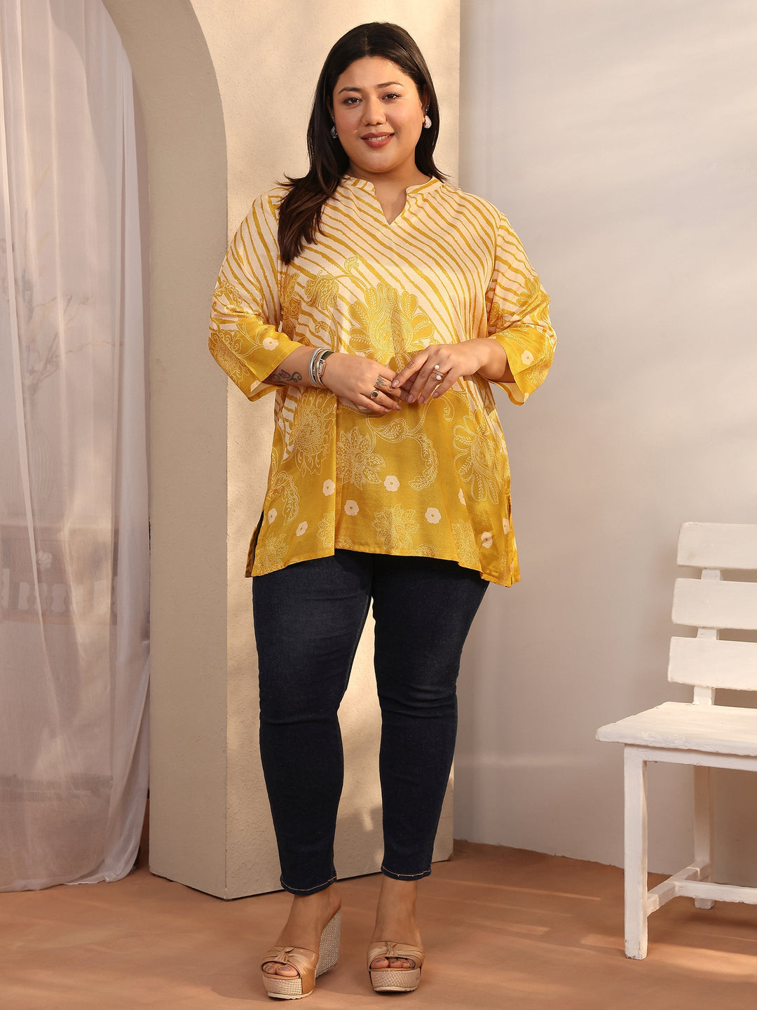  Plus Size Mustard Printed Muslin Straight Short Kurti 