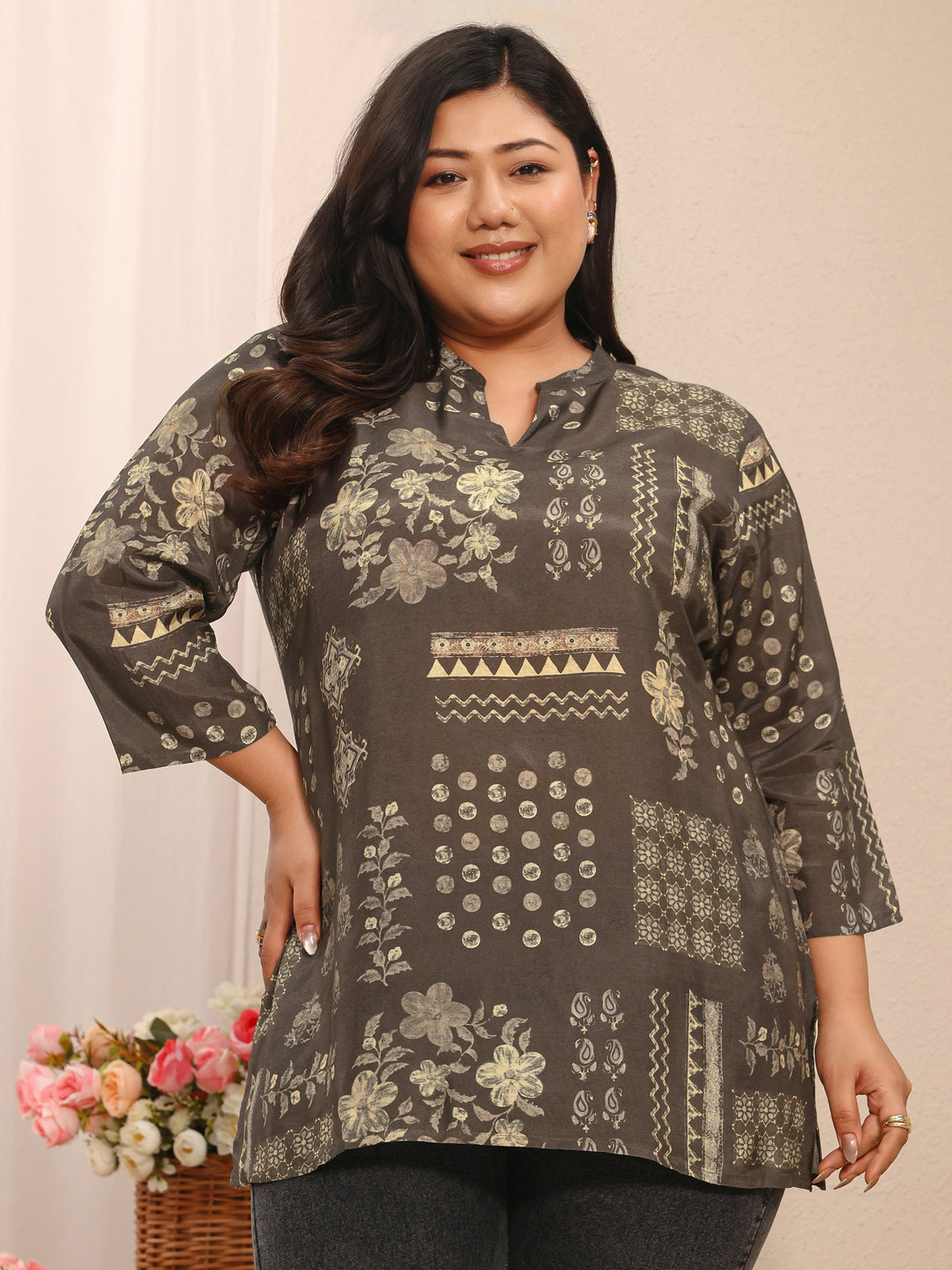  Plus Size Grey Floral Printed Muslin Straight Short Kurti 