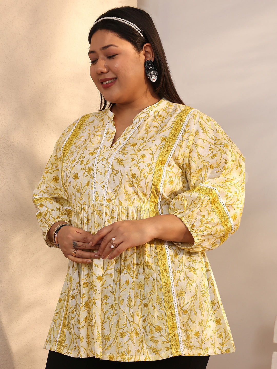  Plus Size Yellow Printed Cotton A-Line Short Kurti 