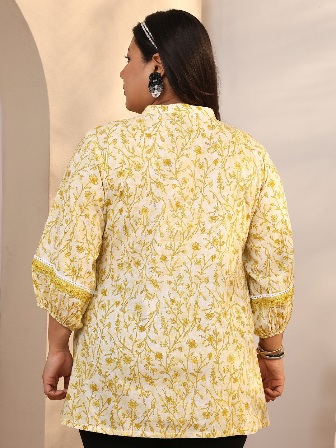  Plus Size Yellow Printed Cotton A-Line Short Kurti 