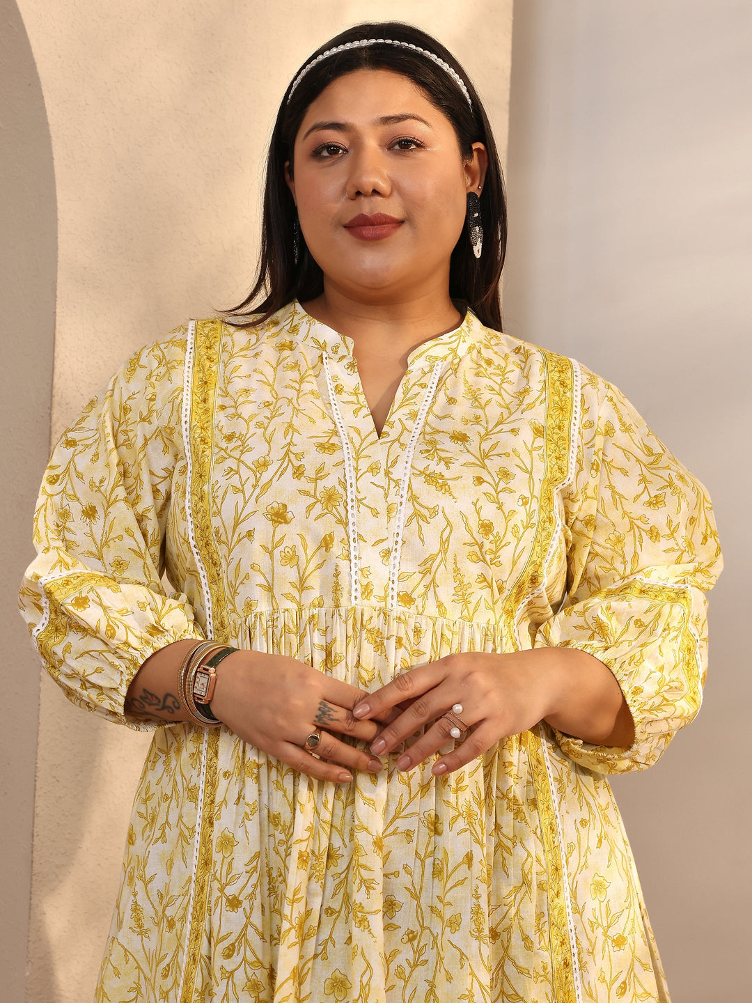  Plus Size Yellow Printed Cotton A-Line Short Kurti 