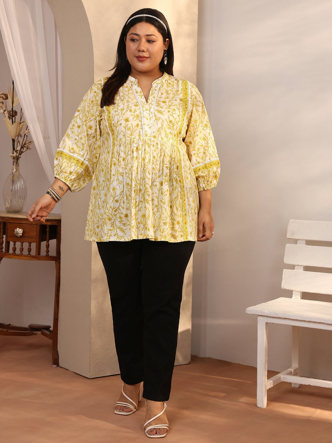  Plus Size Yellow Printed Cotton A-Line Short Kurti 