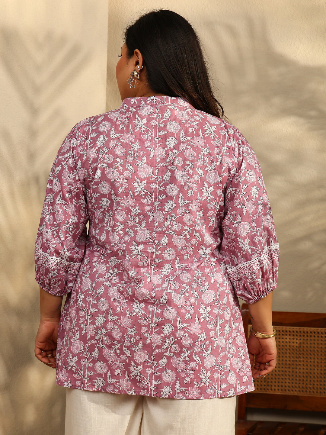  Plus Size Mauve Printed Cotton A-Line Short Kurti 