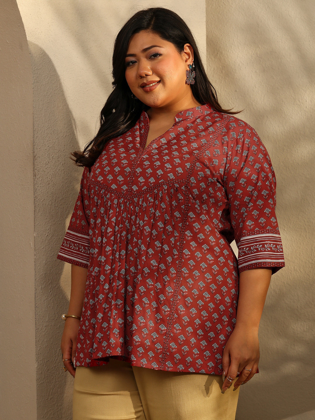  Plus Size Block Printed Cotton A-Line Short Kurti 