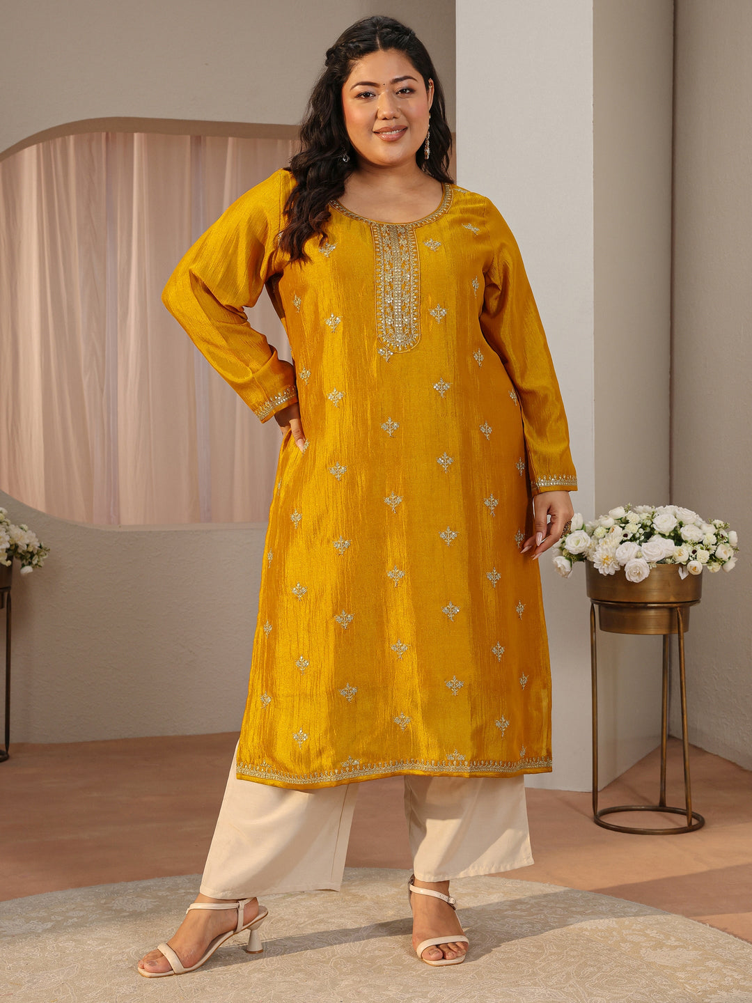  Plus Size Mustard Yoke Design Silk Straight Kurta 