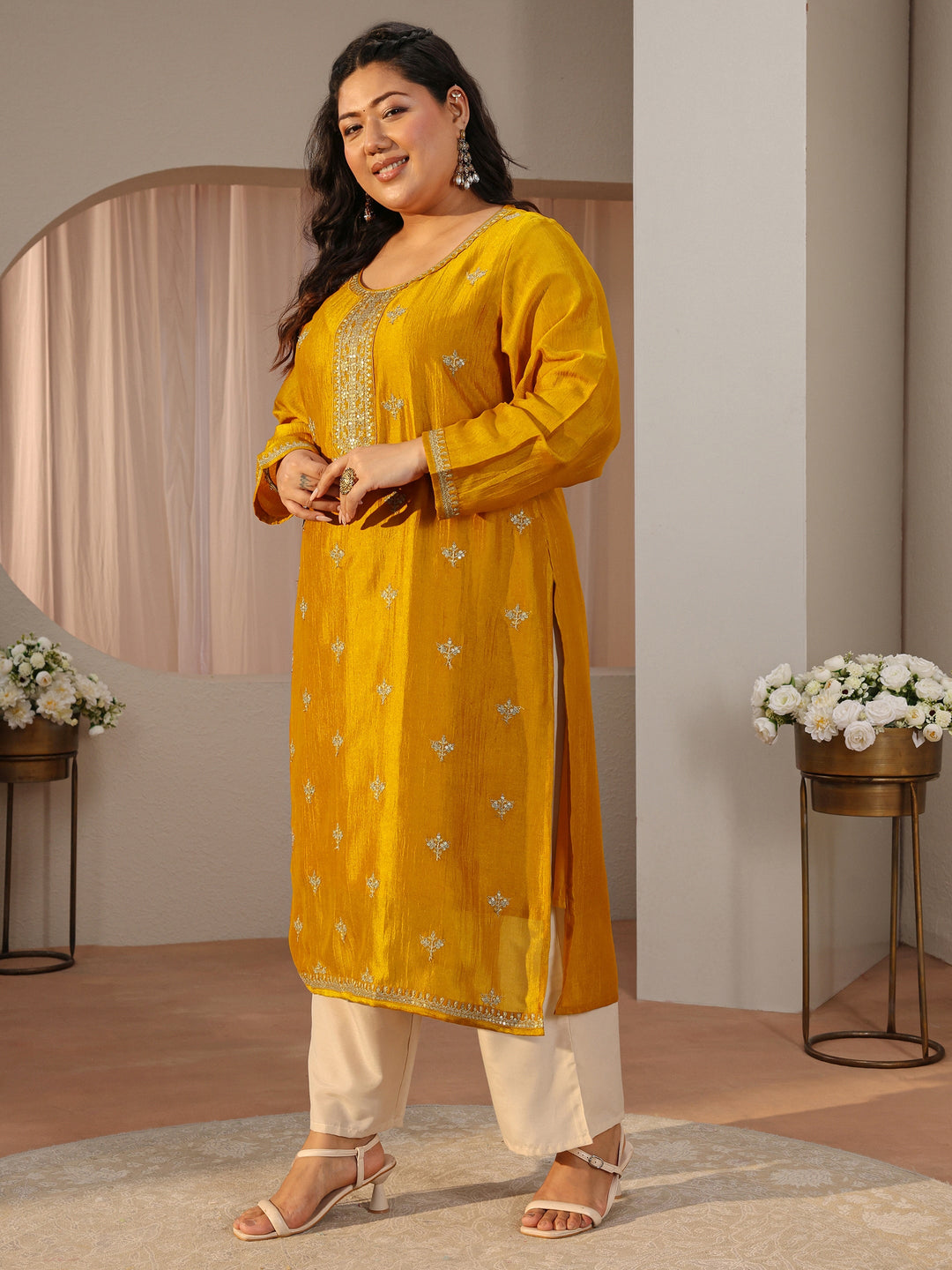  Plus Size Mustard Yoke Design Silk Straight Kurta 