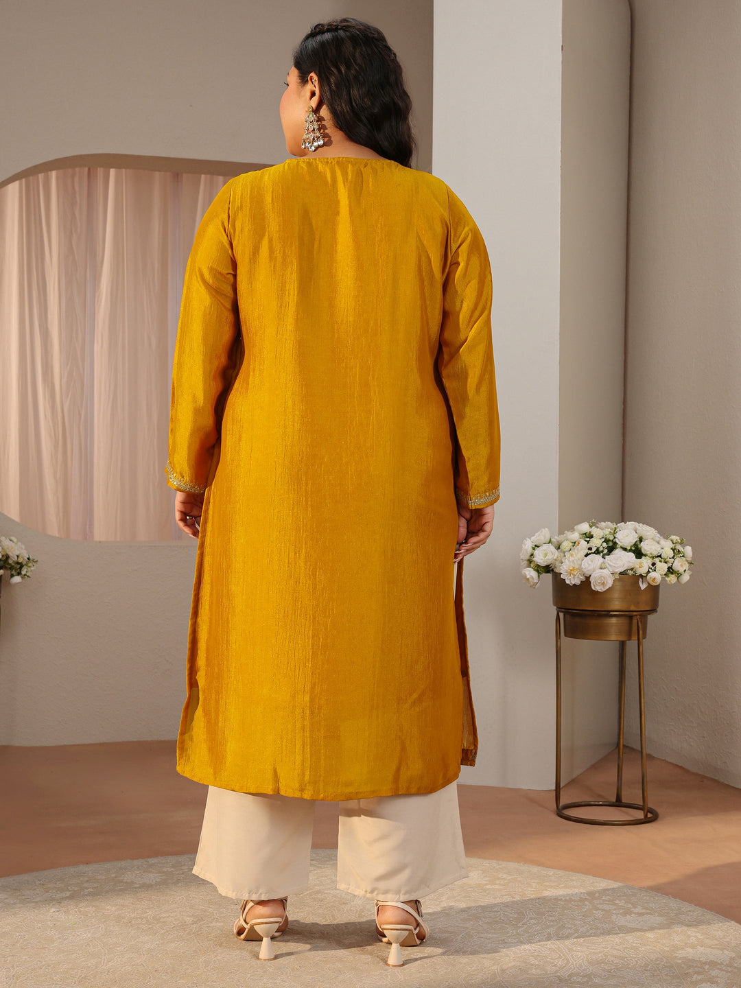  Plus Size Mustard Yoke Design Silk Straight Kurta 