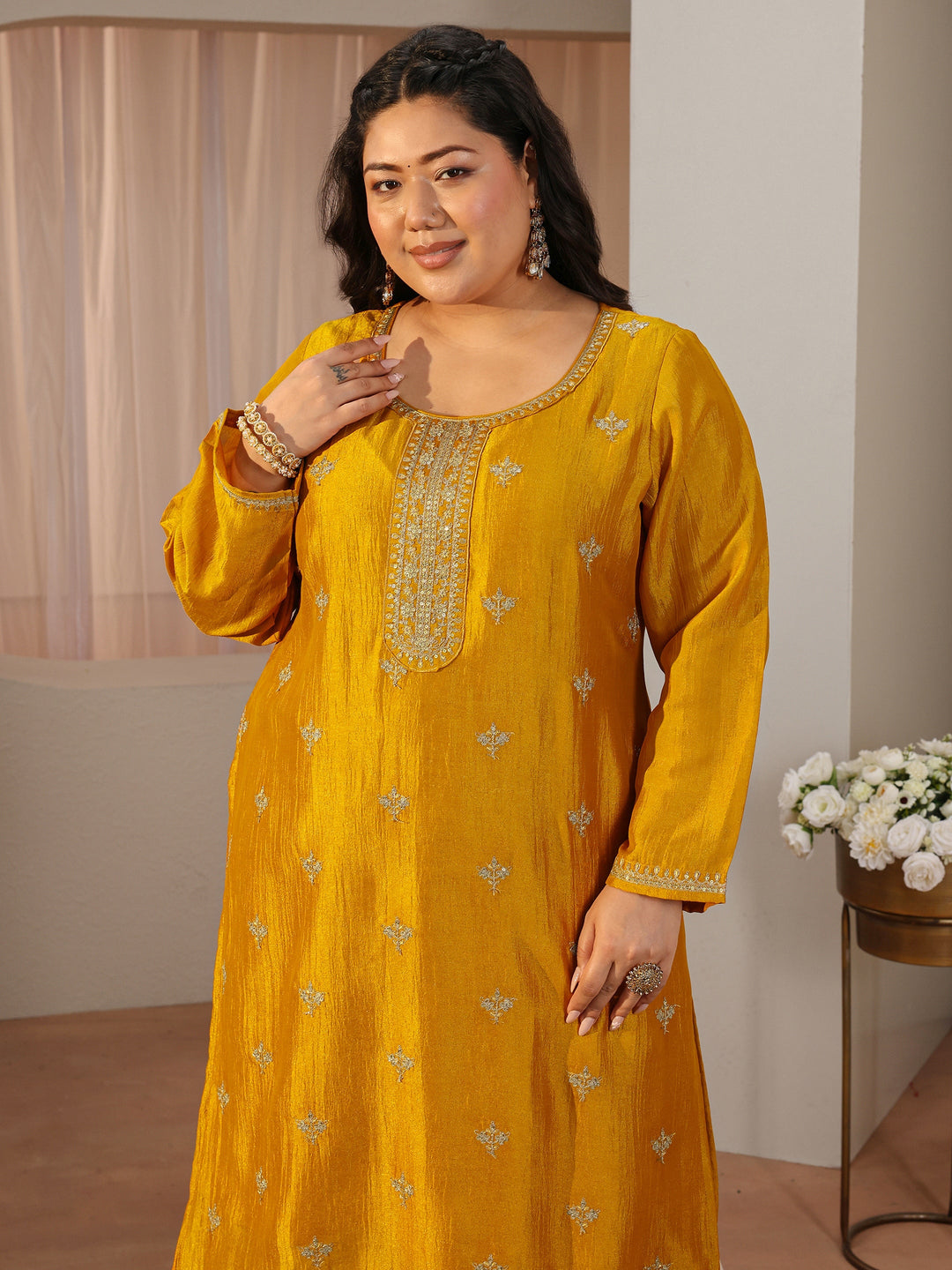  Plus Size Mustard Yoke Design Silk Straight Kurta 
