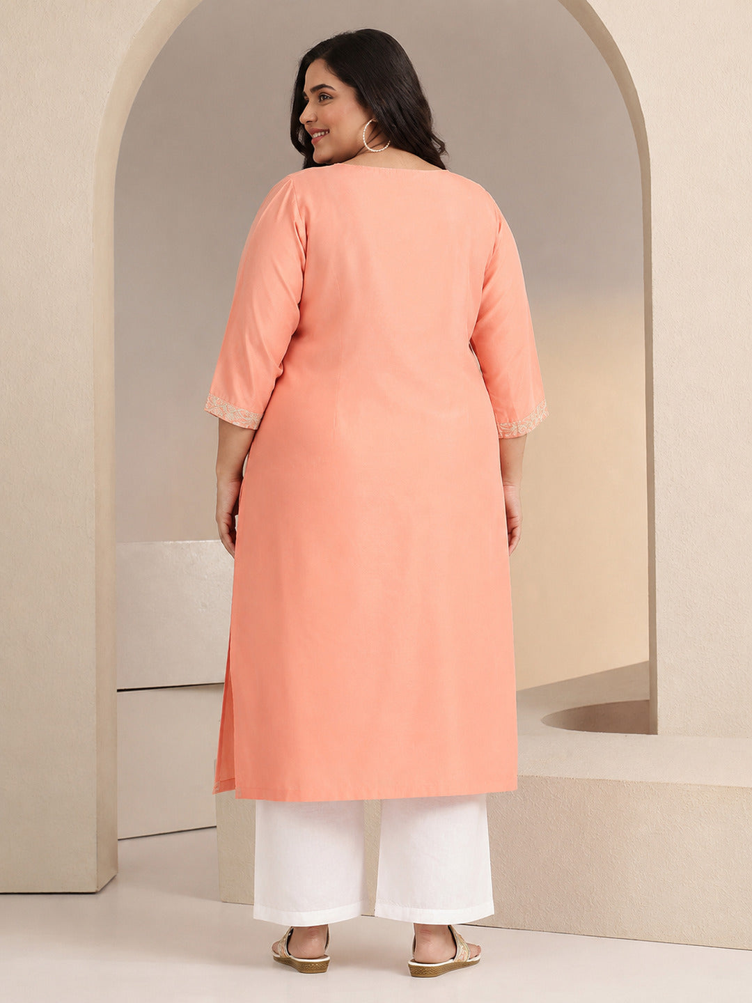  Plus Size Peach Floral Embroidered Silk Blend Straight Kurta 