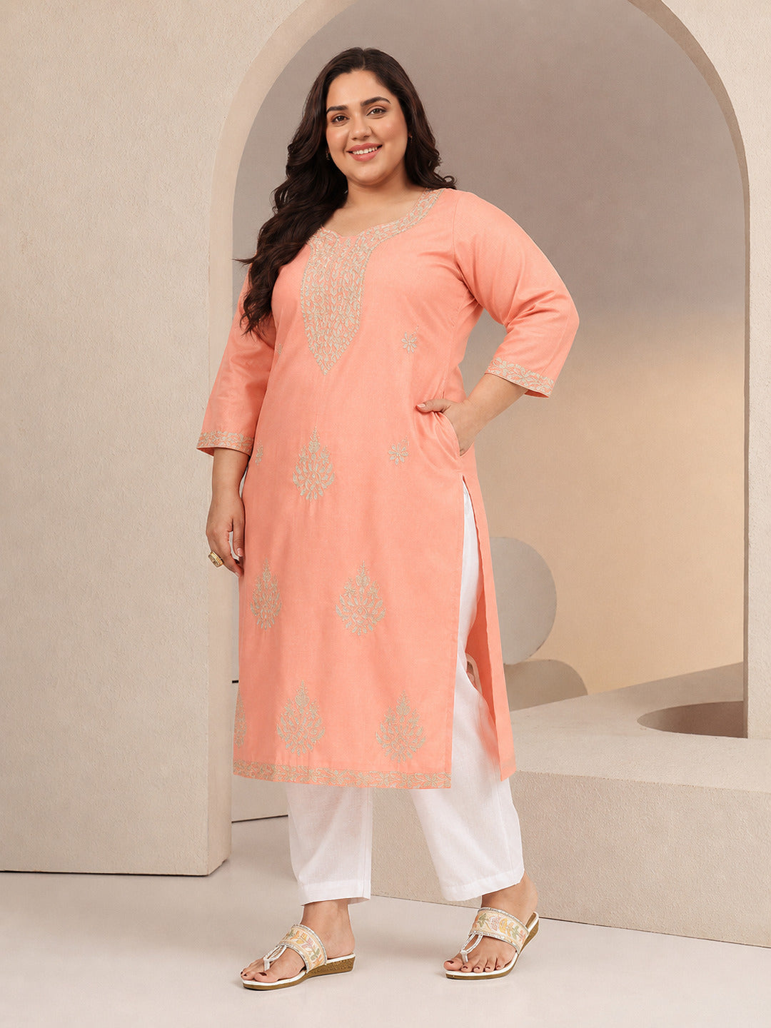  Plus Size Peach Floral Embroidered Silk Blend Straight Kurta 