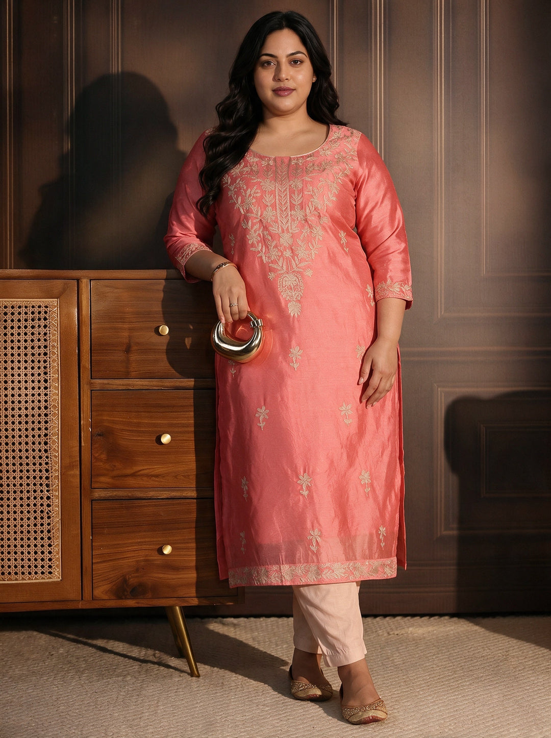  Plus Size Rose Pink Floral Embroidered Silk Blend Straight Kurta 
