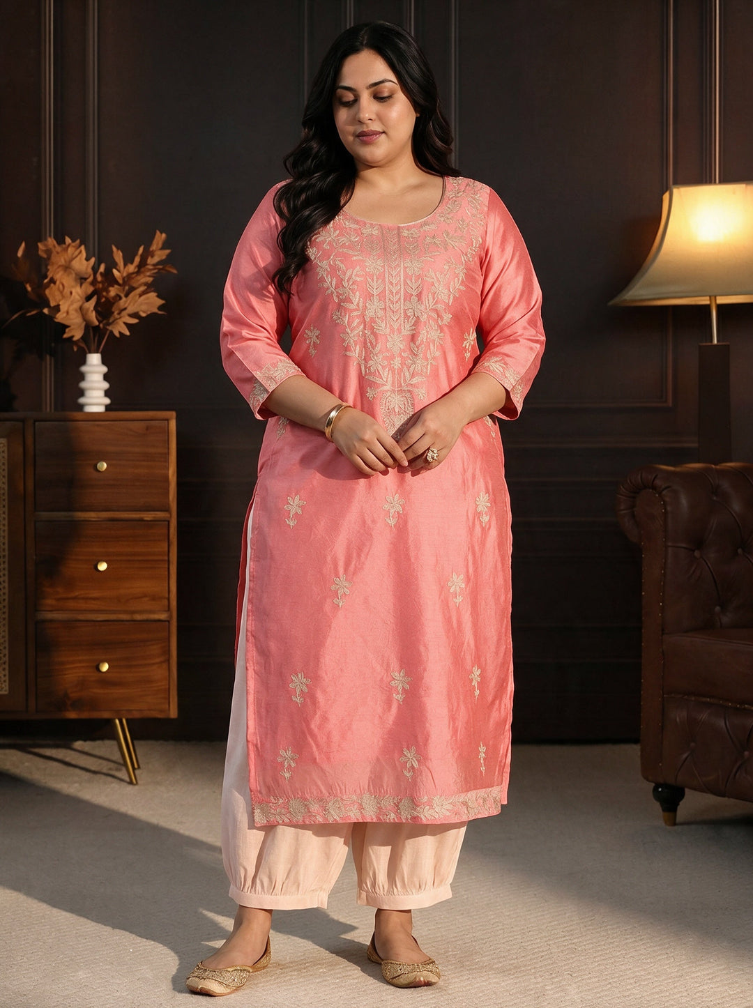  Plus Size Rose Pink Floral Embroidered Silk Blend Straight Kurta 