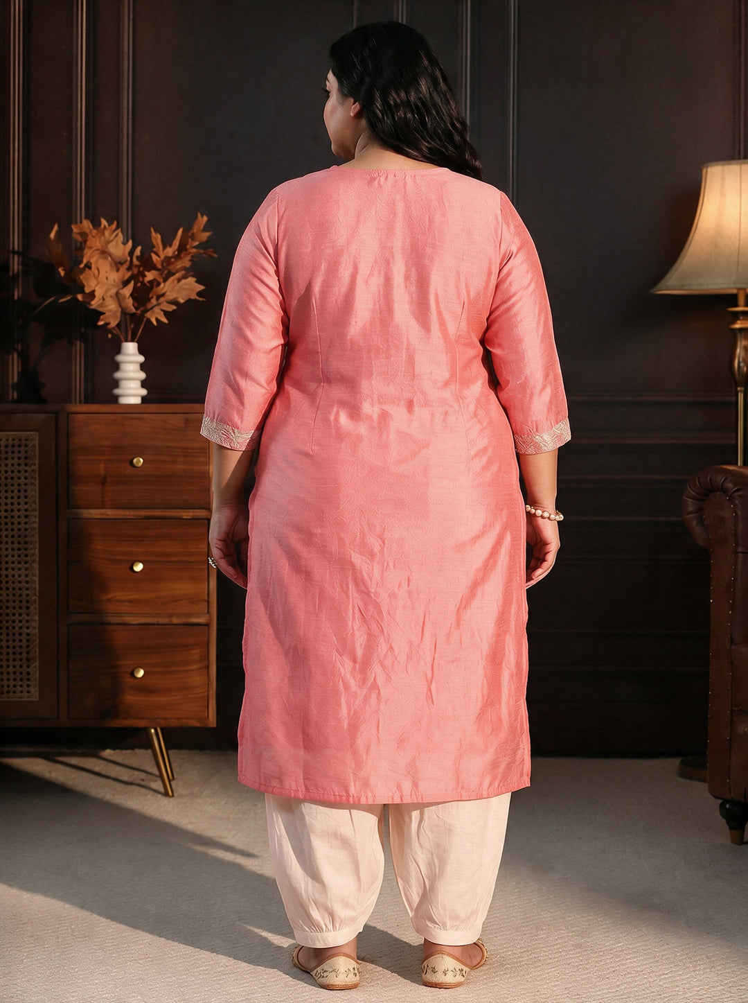  Plus Size Rose Pink Floral Embroidered Silk Blend Straight Kurta 