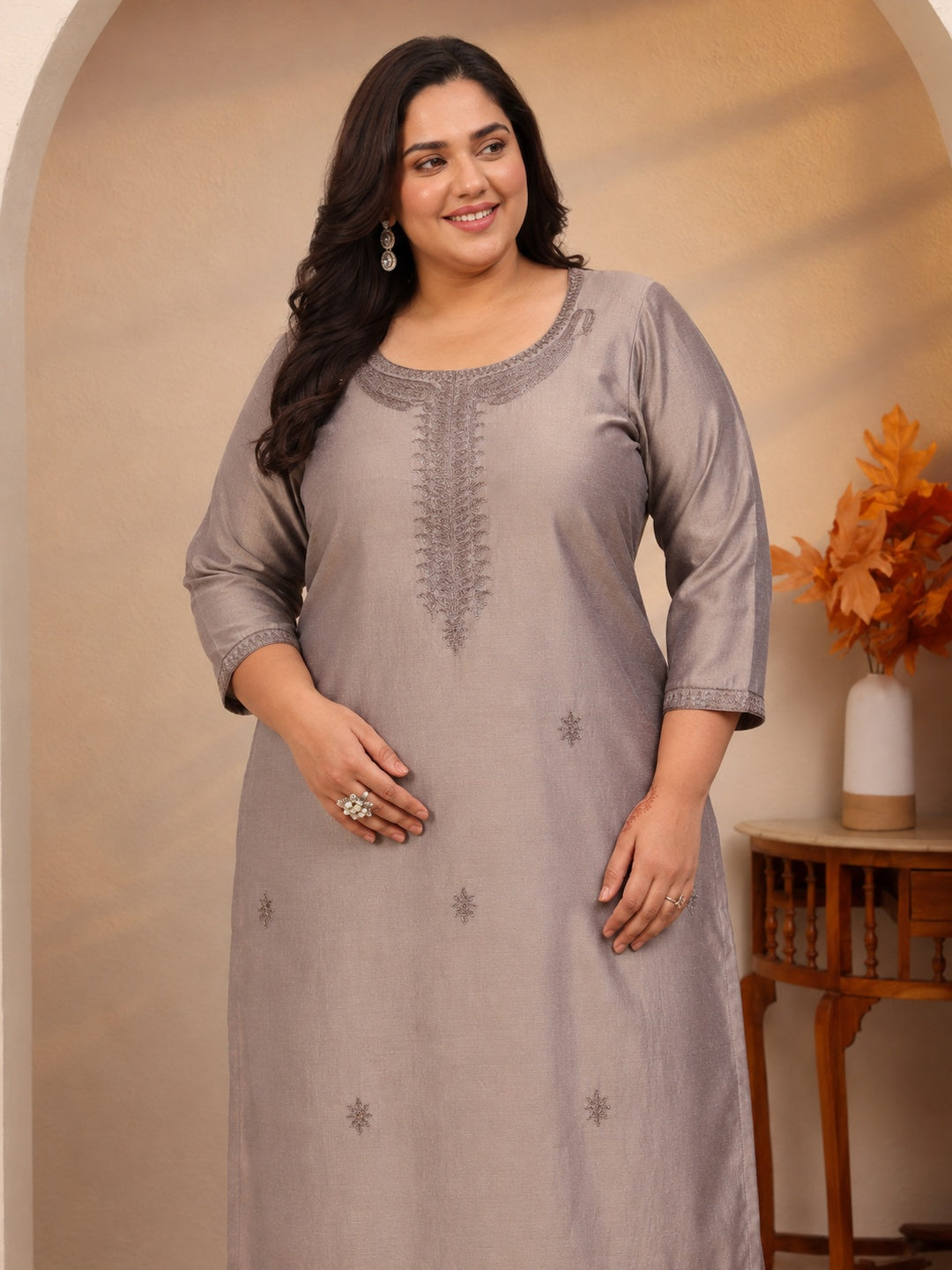  Plus Size Grey Embroidered Silk Straight Kurta 