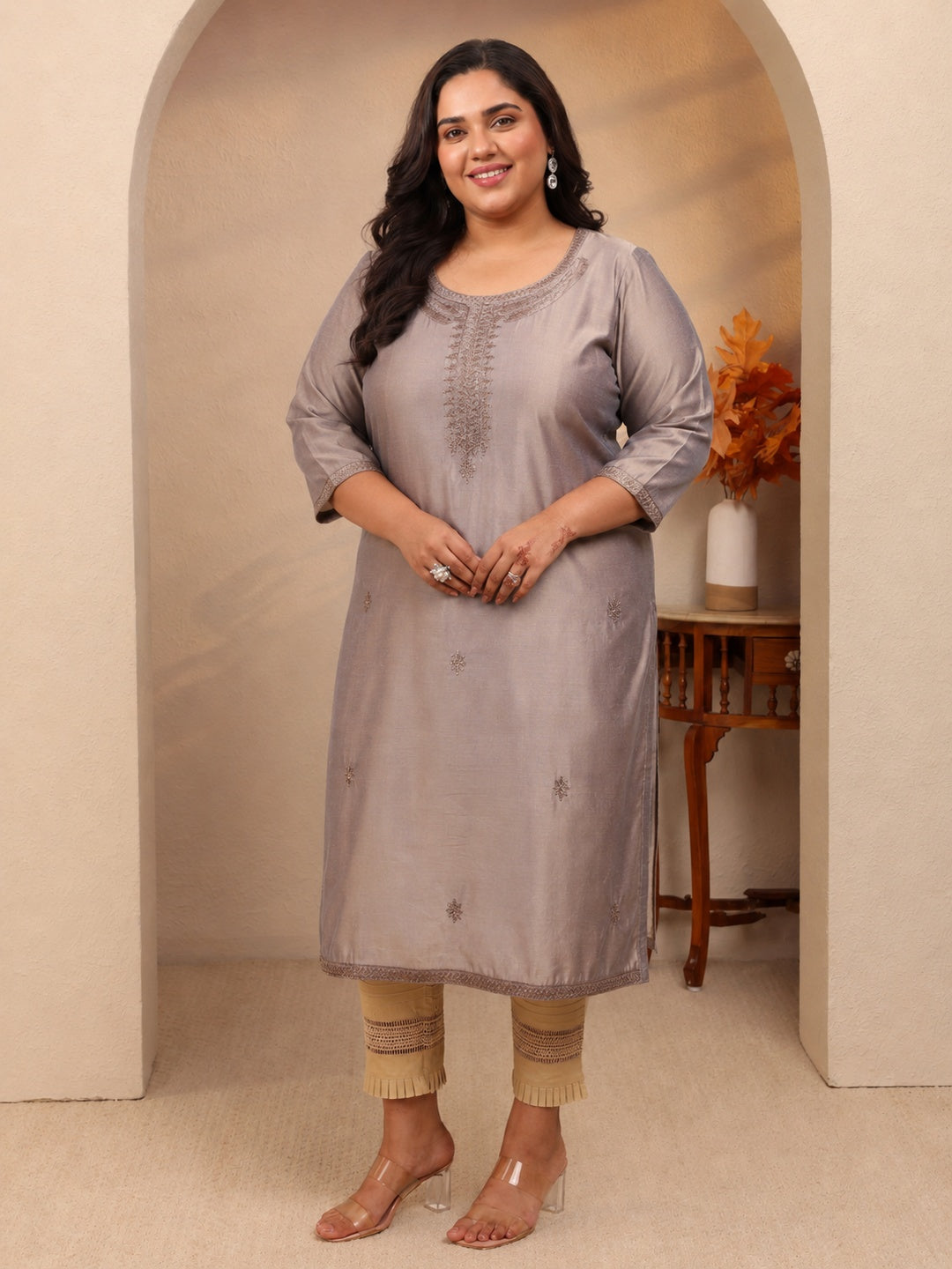  Plus Size Grey Embroidered Silk Straight Kurta 