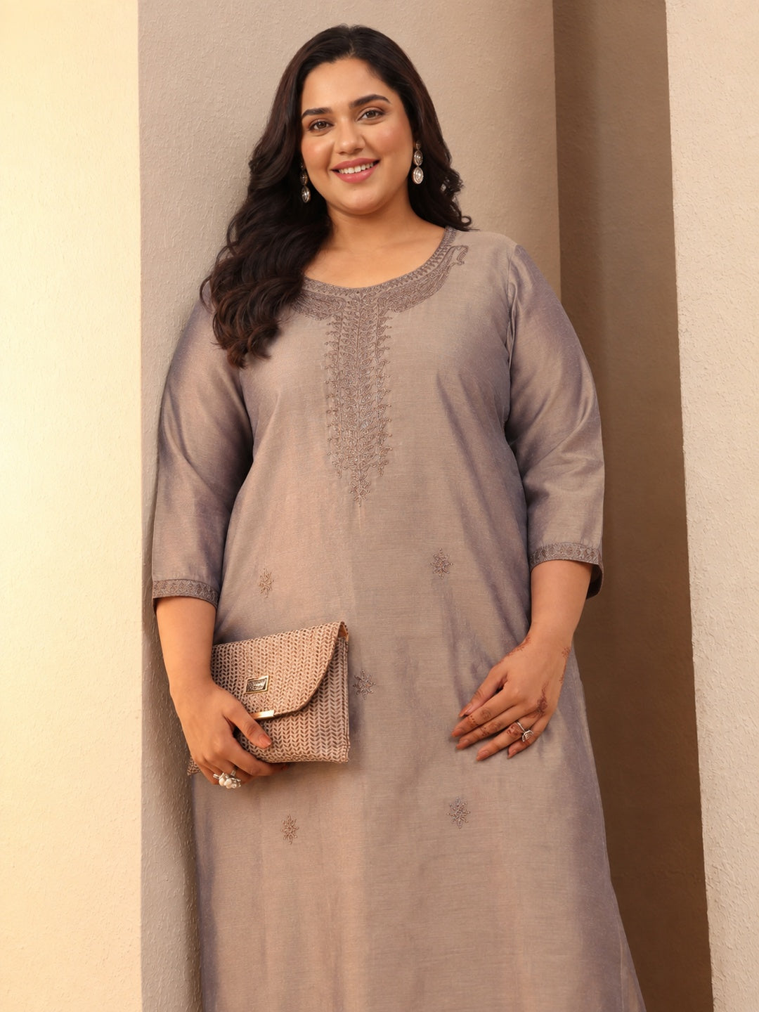 Plus Size Grey Embroidered Silk Straight Kurta 