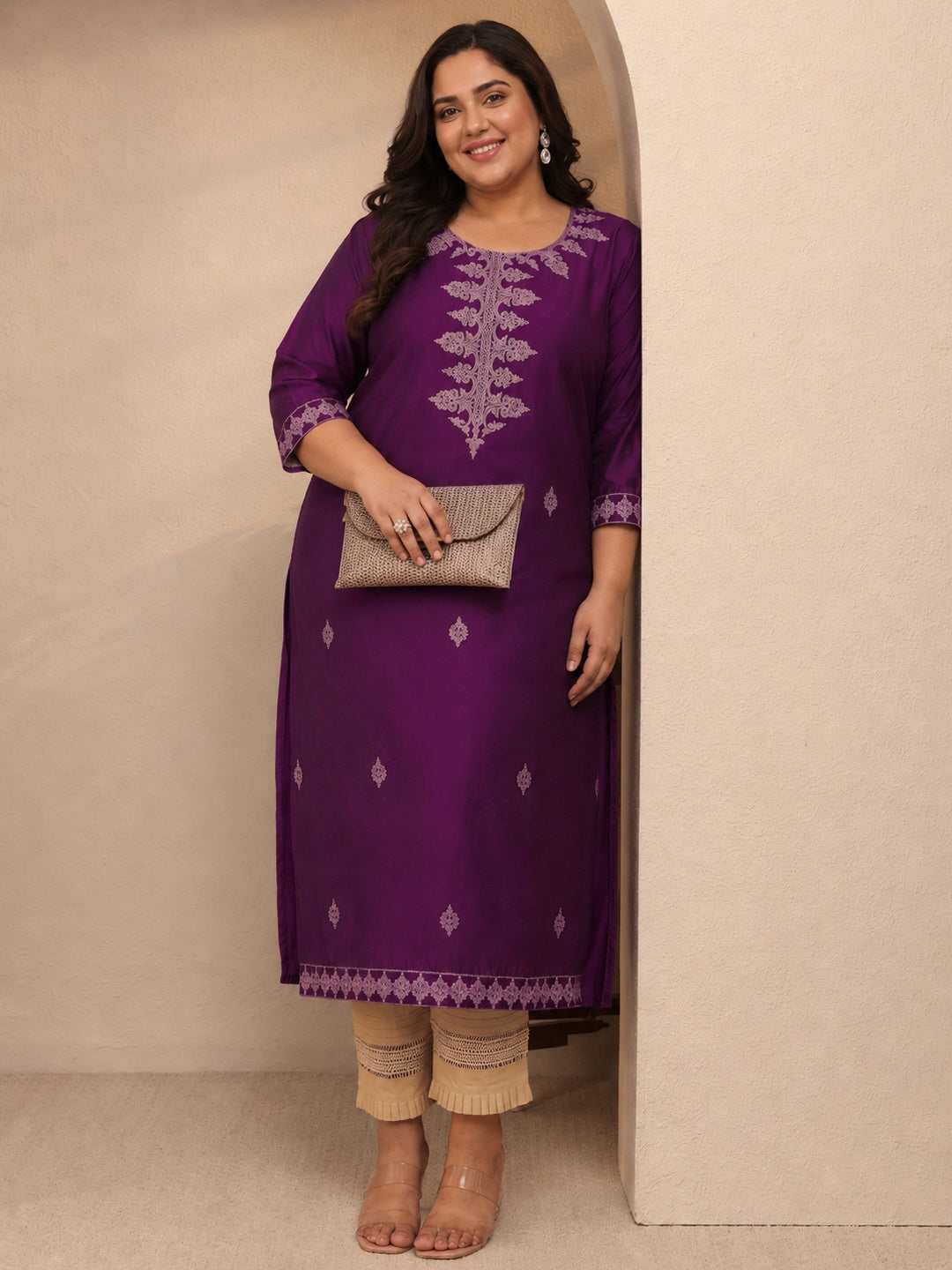  Plus Size Burgundy Embroidered Silk Blend Straight Kurta 
