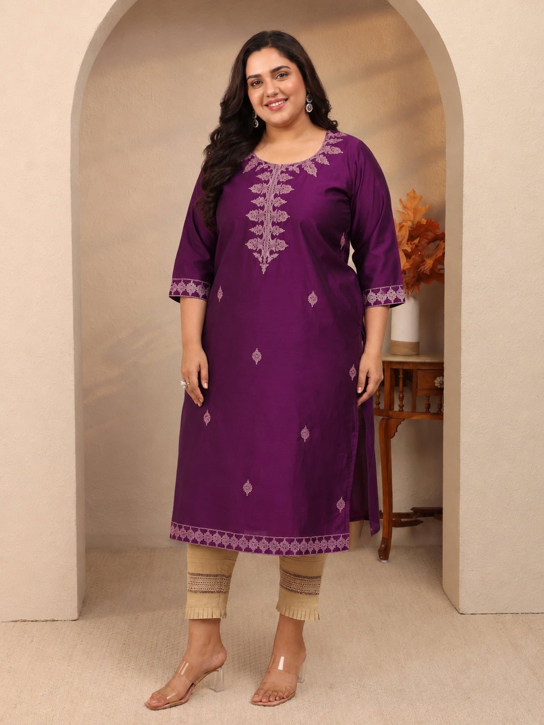  Plus Size Burgundy Embroidered Silk Blend Straight Kurta 