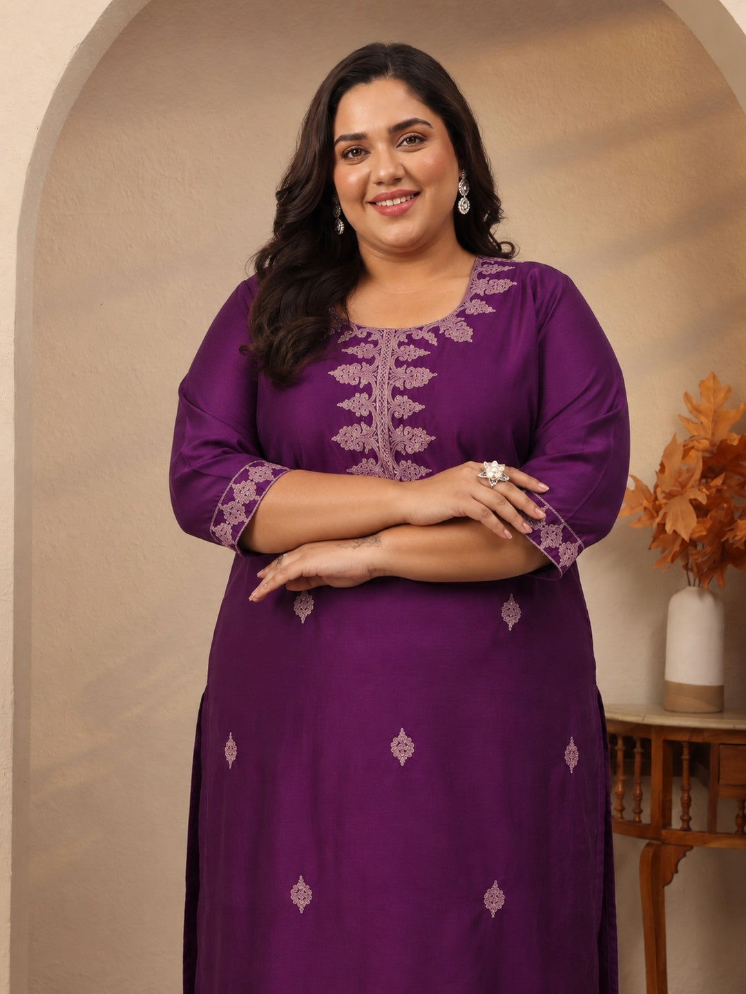  Plus Size Burgundy Embroidered Silk Blend Straight Kurta 