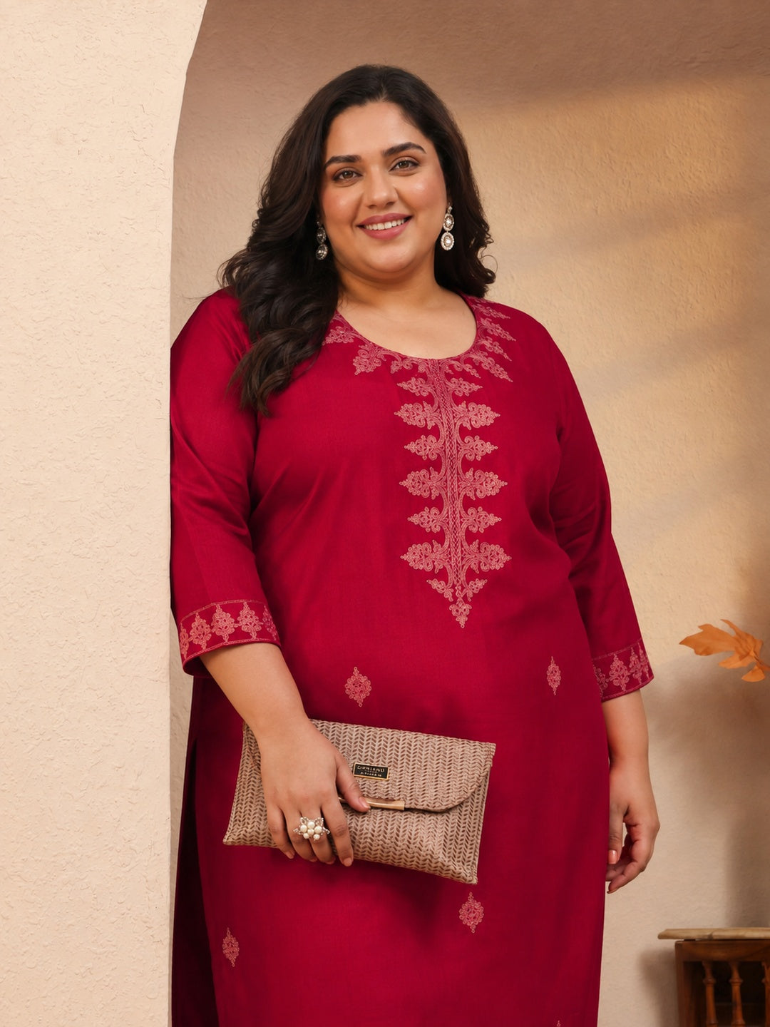  Plus Size Red Embroidered Silk Straight Kurta 