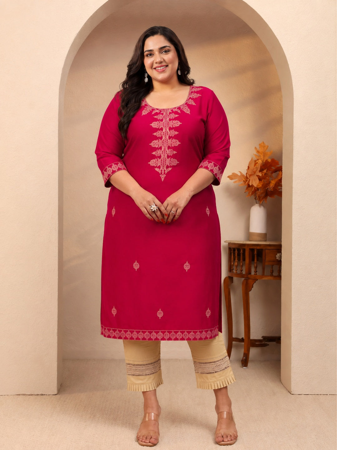  Plus Size Red Embroidered Silk Straight Kurta 