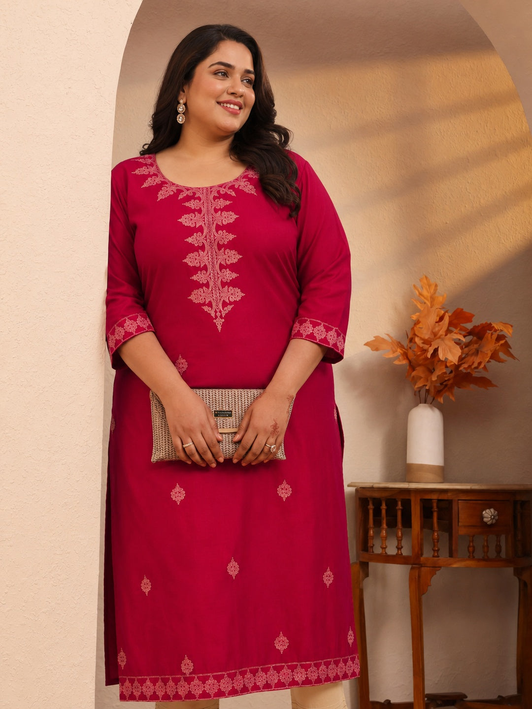  Plus Size Red Embroidered Silk Straight Kurta 