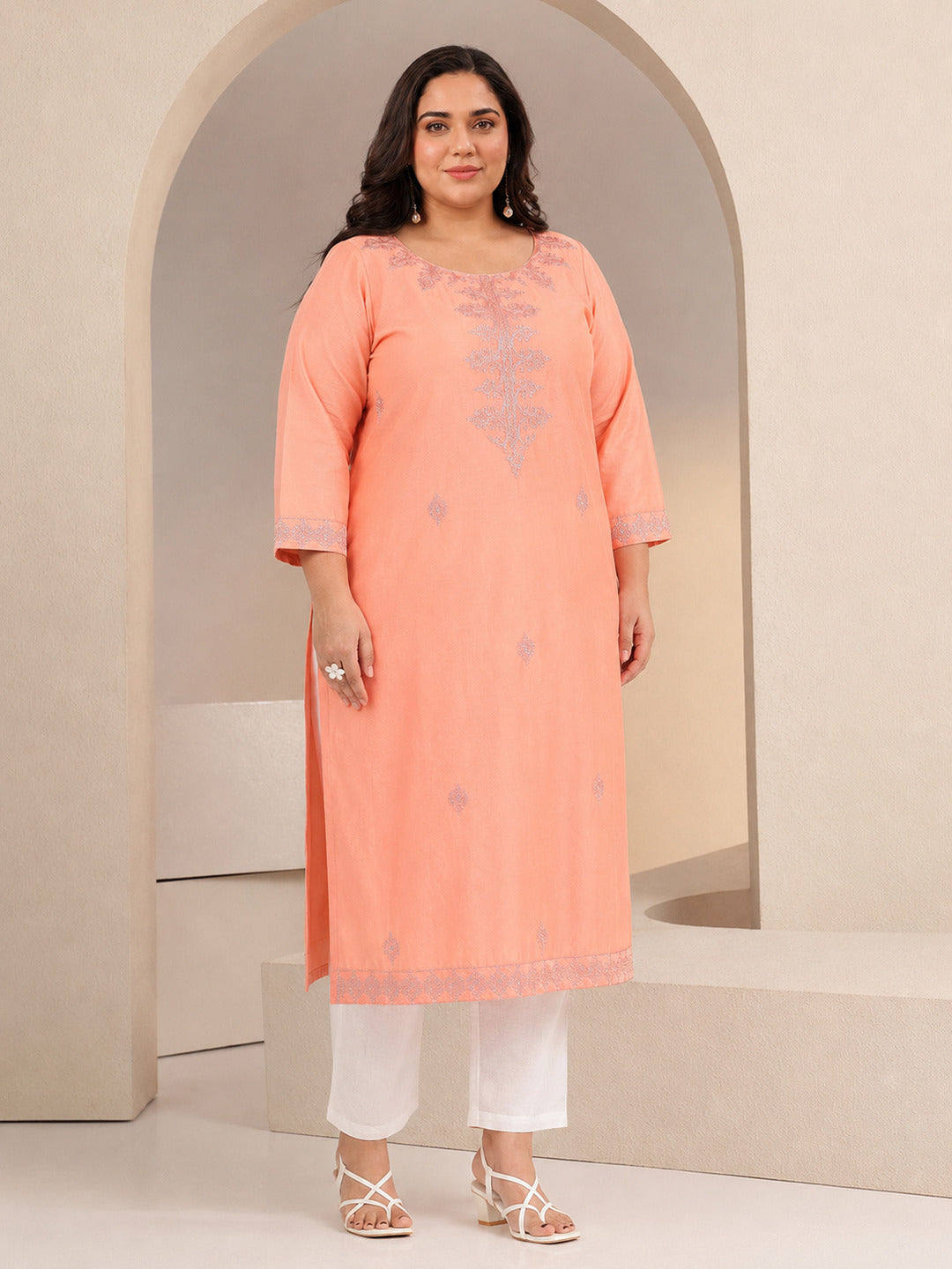  Plus Size Peach Embroidered Silk Blend Straight Kurta 