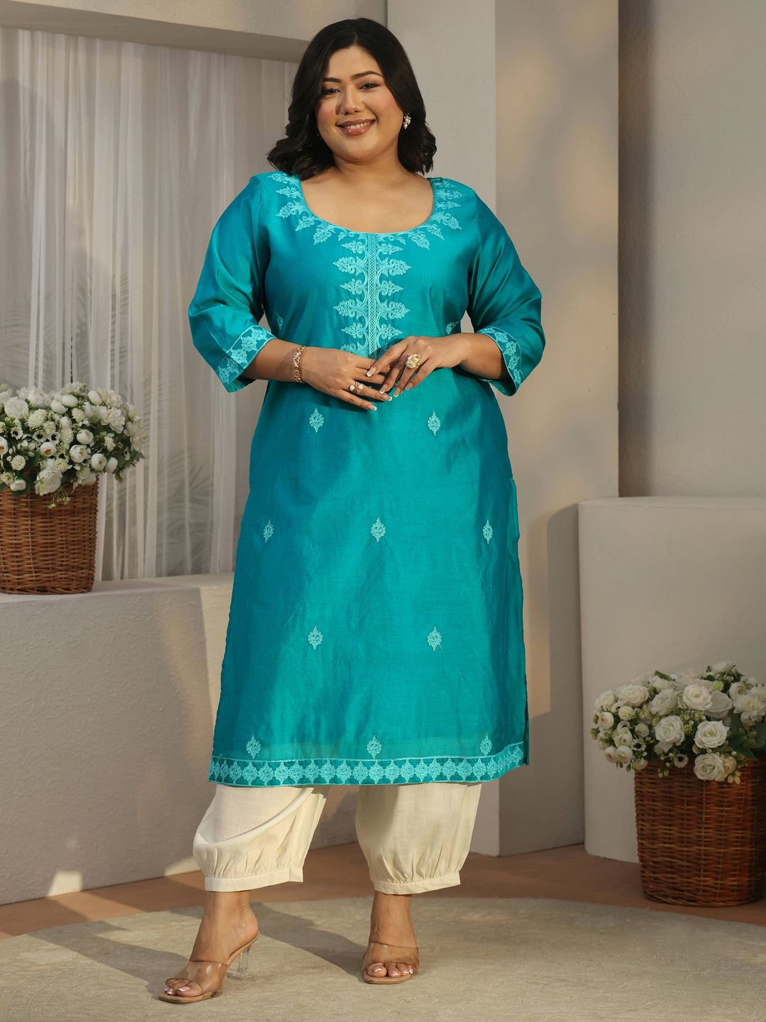  Plus Size Aqua Blue Embroidered Silk Blend Straight Kurta 