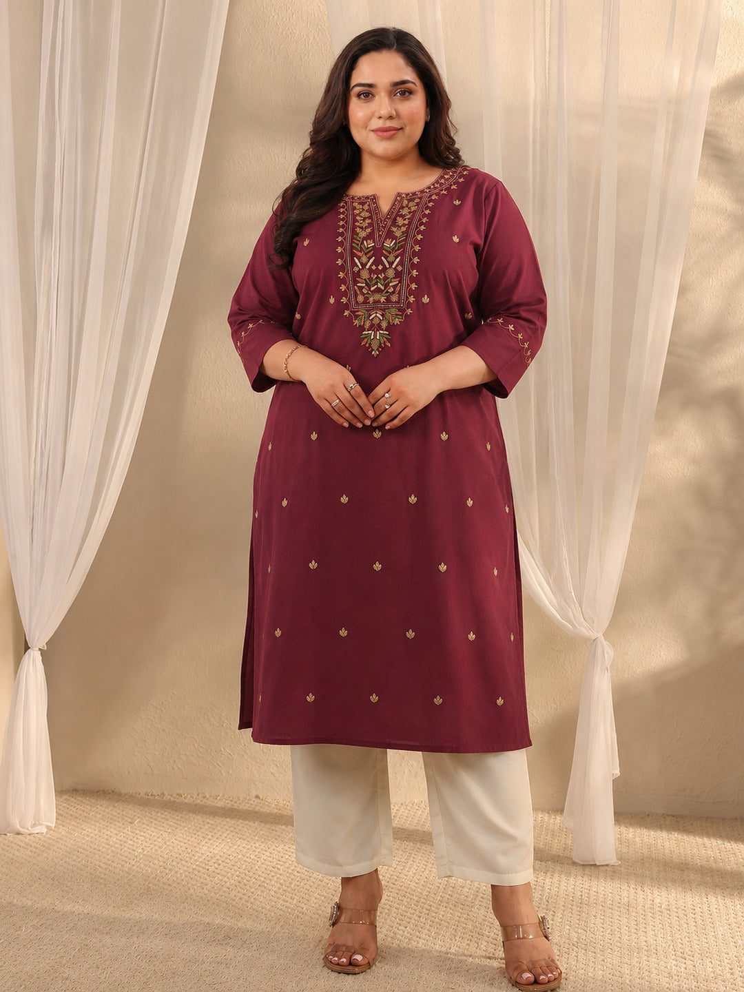  Plus Size Maroon Ethnic Motif Embroidered Cotton Straight Kurta 