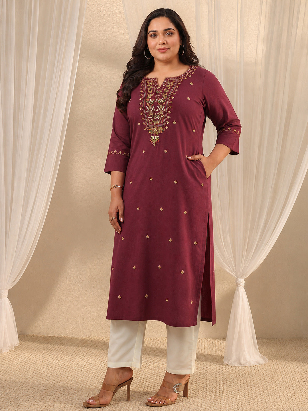  Plus Size Maroon Ethnic Motif Embroidered Cotton Straight Kurta 