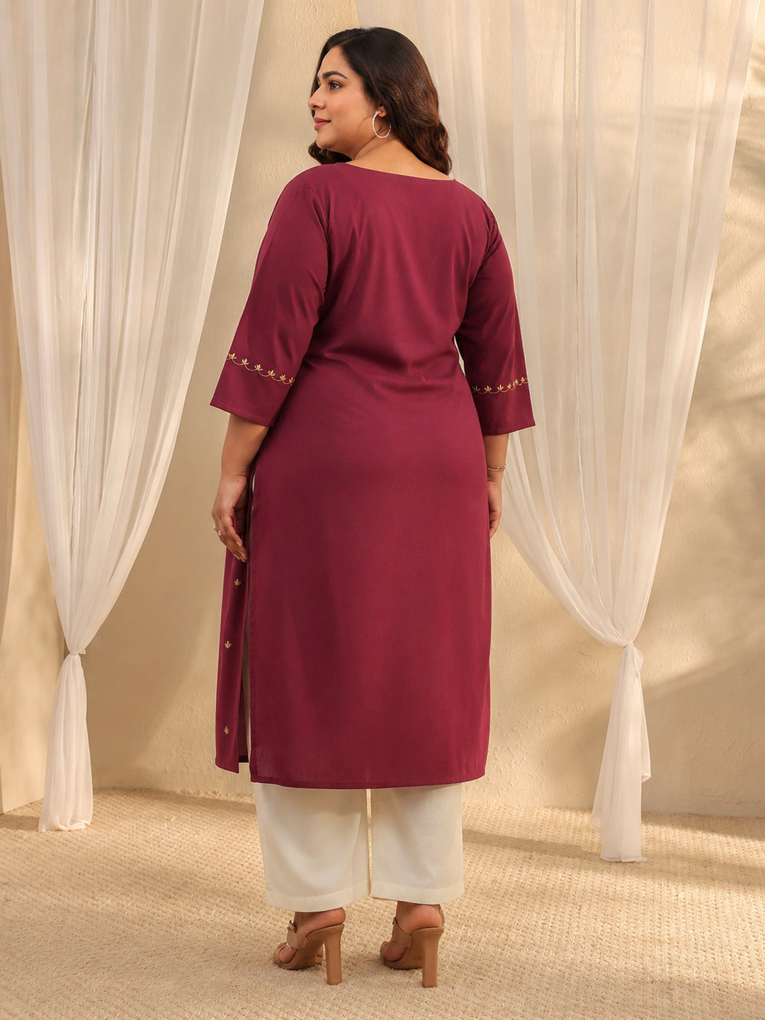  Plus Size Maroon Ethnic Motif Embroidered Cotton Straight Kurta 