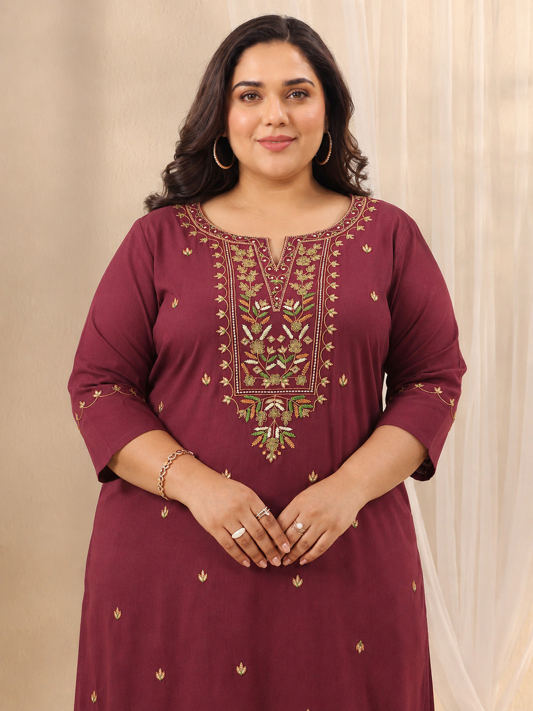  Plus Size Maroon Ethnic Motif Embroidered Cotton Straight Kurta 