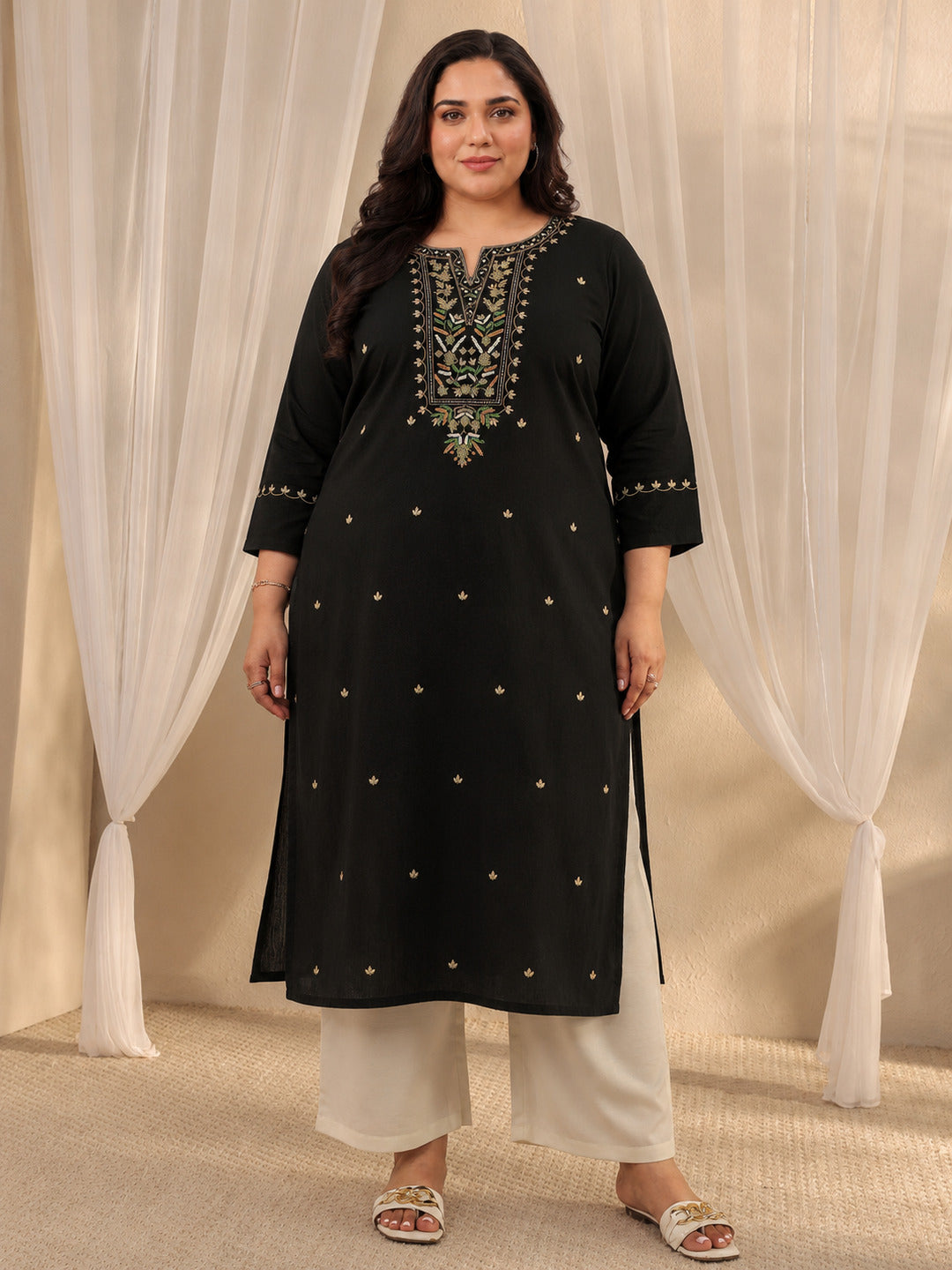 libas Plus Size Black Ethnic Motif Embroidered Cotton Straight Kurta-picture-17
