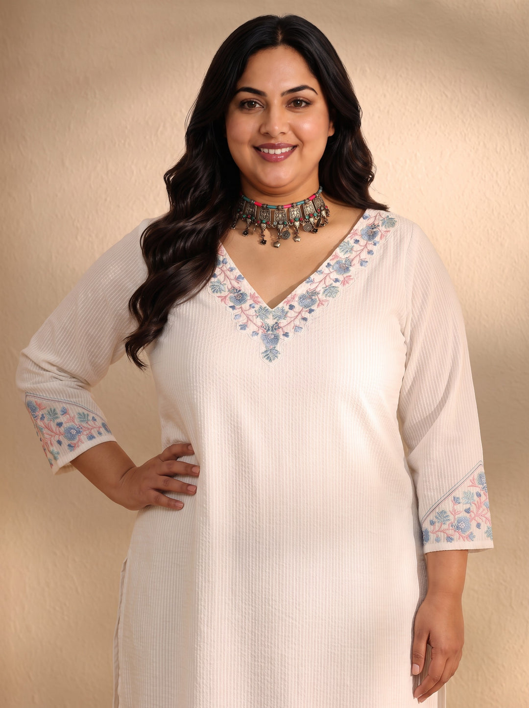  Plus Size White Yoke Design Cotton A-Line Kurta 