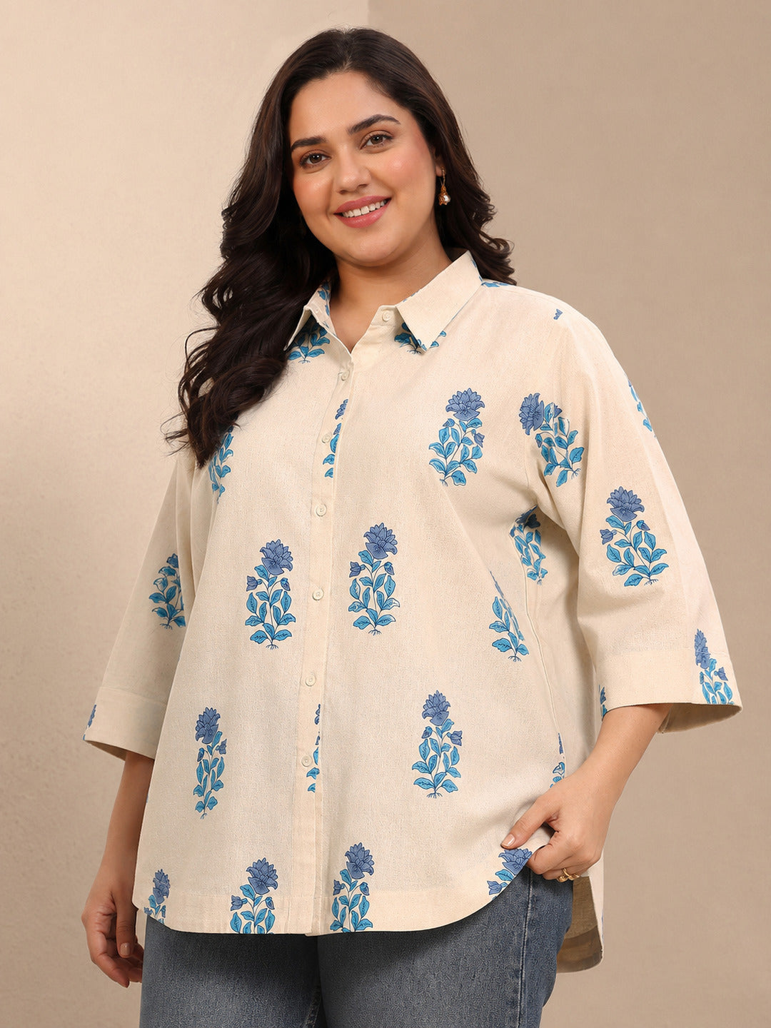  Plus Size Off White Floral Printed Cotton Shirt 