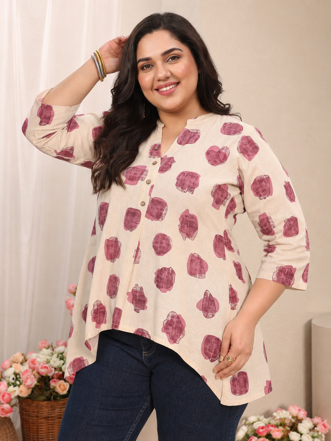  Plus Size Off White Abstract Printed Cotton Shirt 