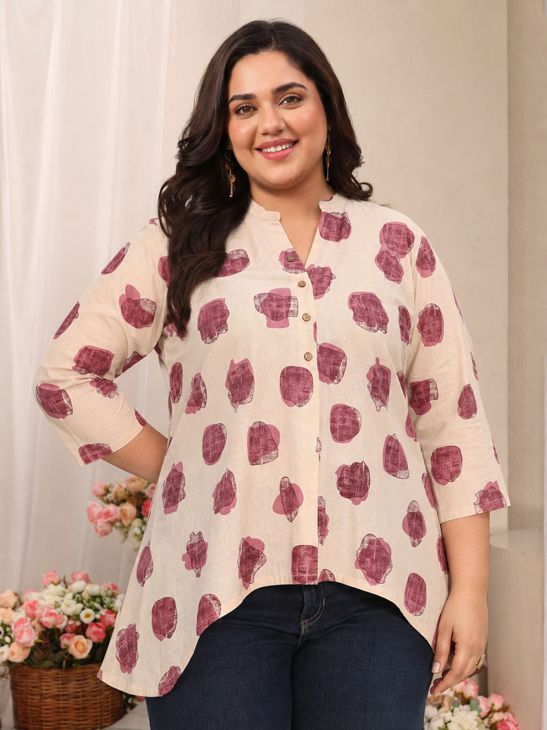  Plus Size Off White Abstract Printed Cotton Shirt 